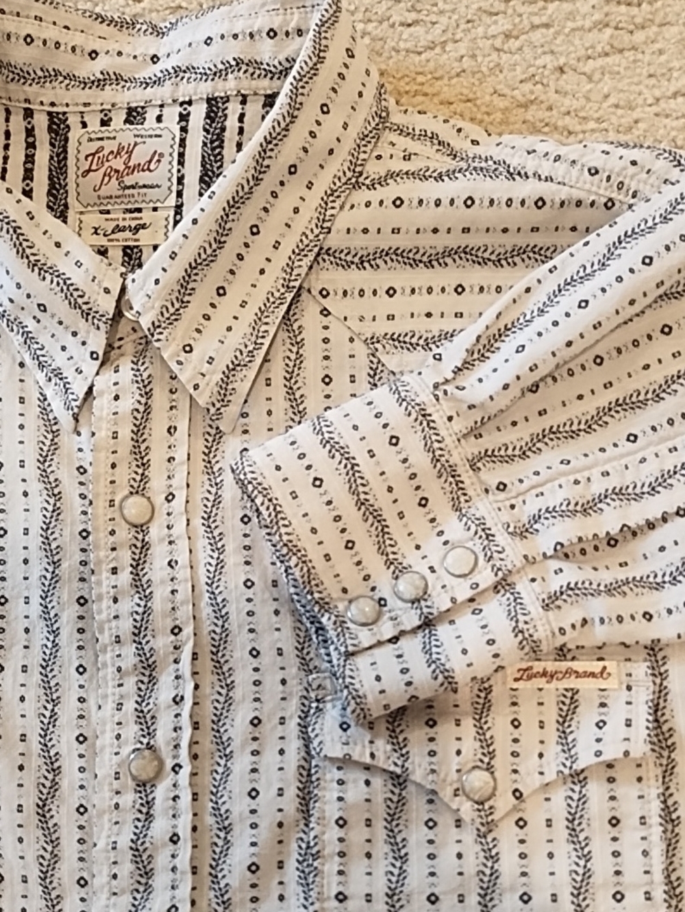 Lucky Brand XL Cream Blk Men's Vine Striped Button Down Shirt Western Pearl Snap